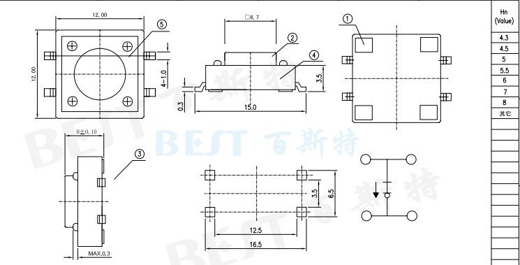 輕觸開(kāi)關(guān)TS-1103W封裝規(guī)格圖紙