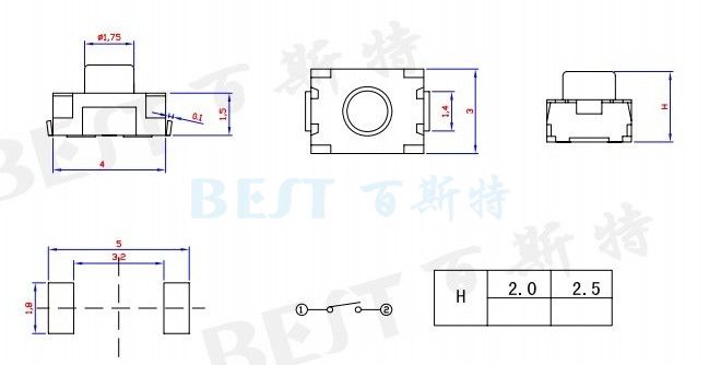 輕觸開關(guān)3×4_TS-1185U_參考圖紙